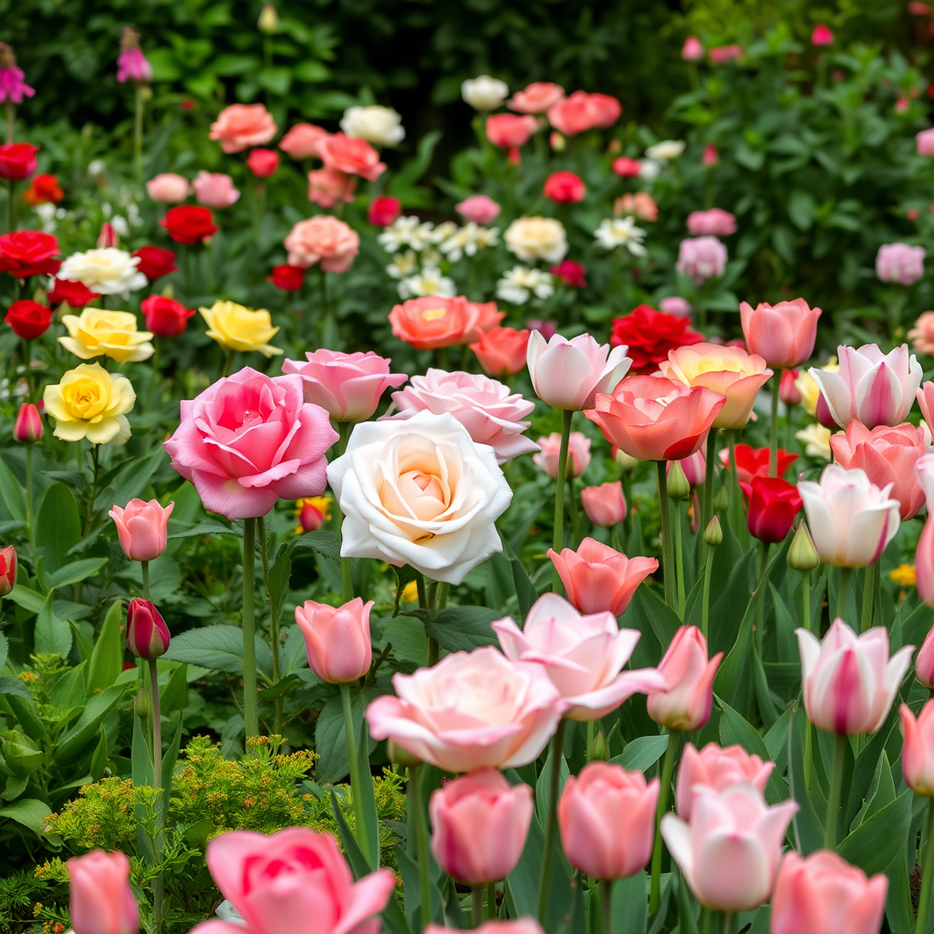 Beautiful flower garden with colorful blooms, roses, tulips, and lush greenery representing the essence of Pankeswap blog