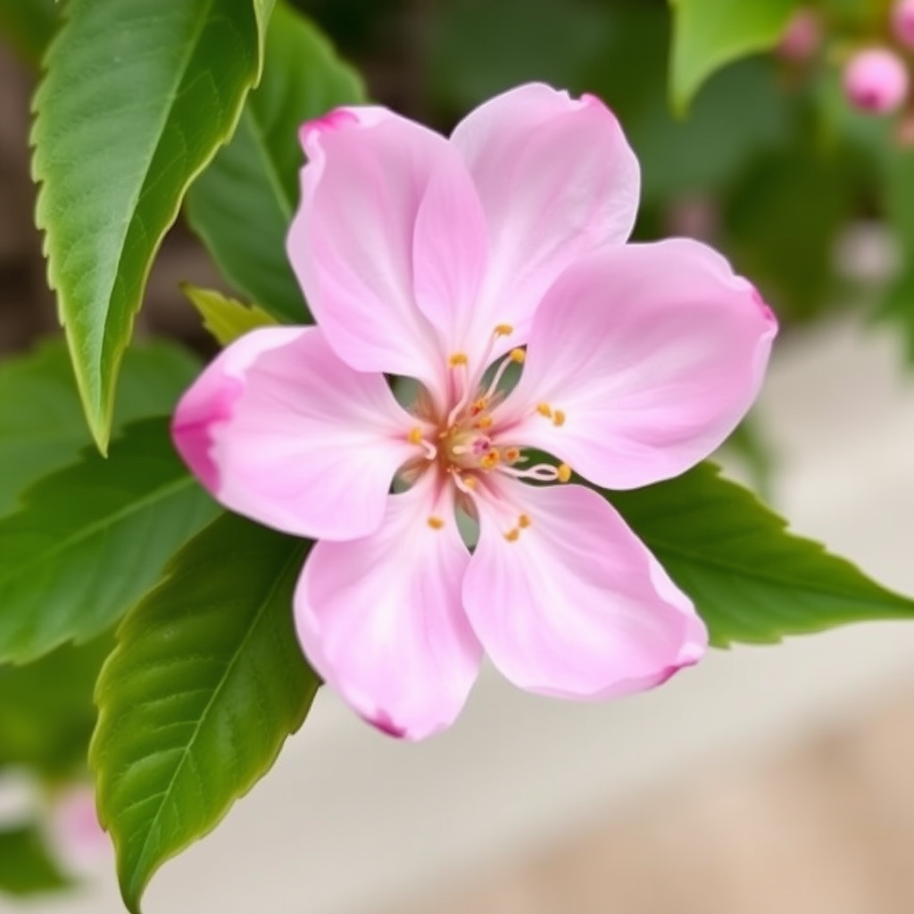 Delicate pink cherry blossom flower with soft petals and green leaves, representing the beauty and elegance of floral content