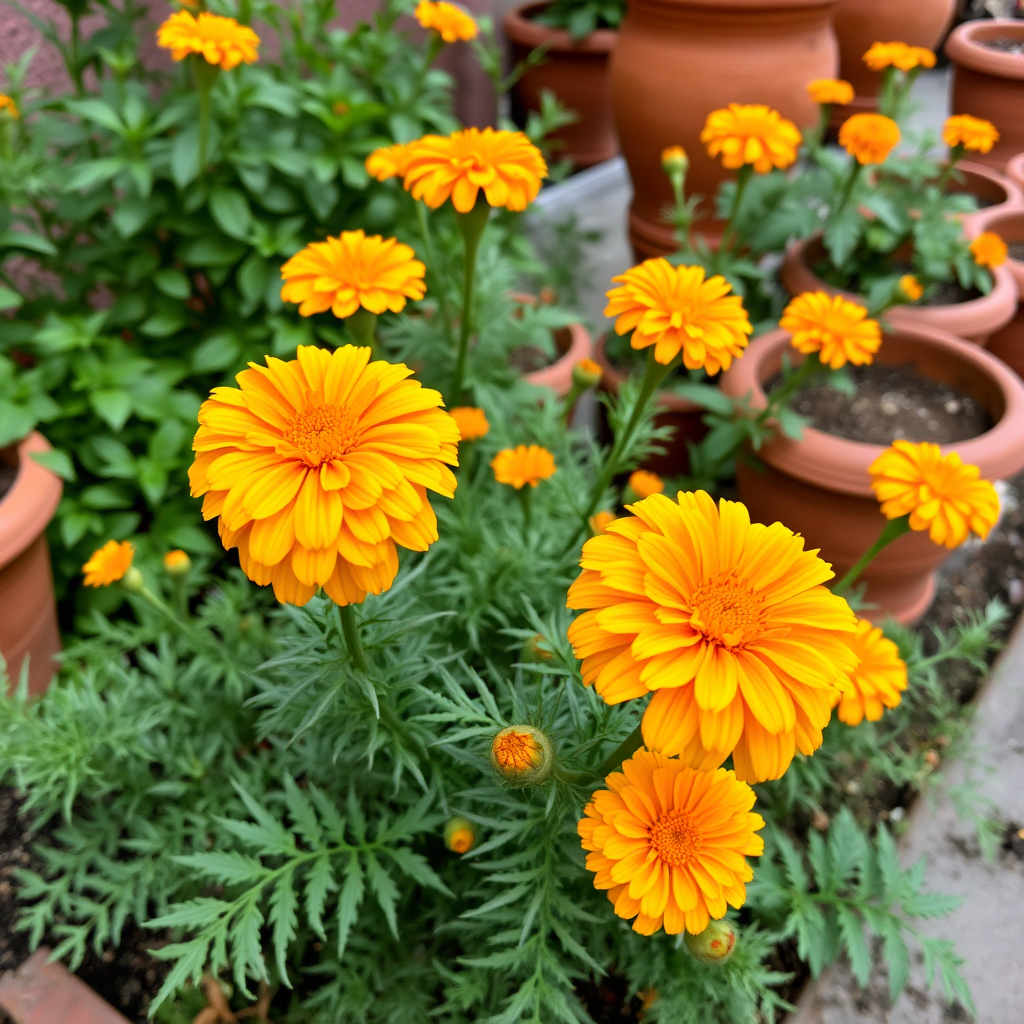 Vibrant orange and yellow marigold flowers blooming in a traditional Indian garden with terracotta pots and lush green foliage