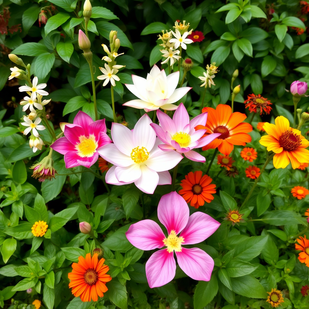 Vibrant collection of native Indian flowers including jasmine, lotus, hibiscus, and marigold blooming in a traditional Indian garden setting with lush green foliage