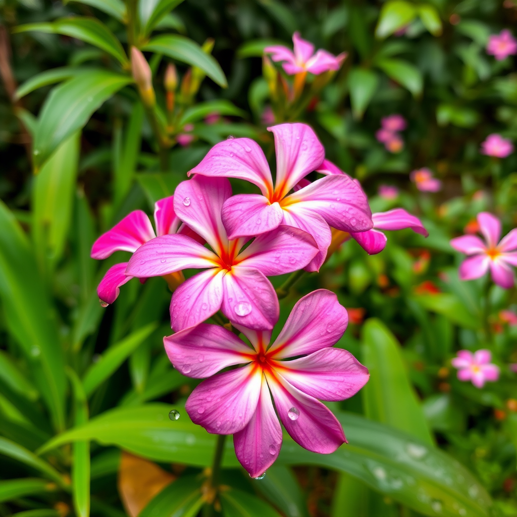 Beautiful monsoon flowers with glistening raindrops on vibrant petals in a lush Indian garden during the rainy season