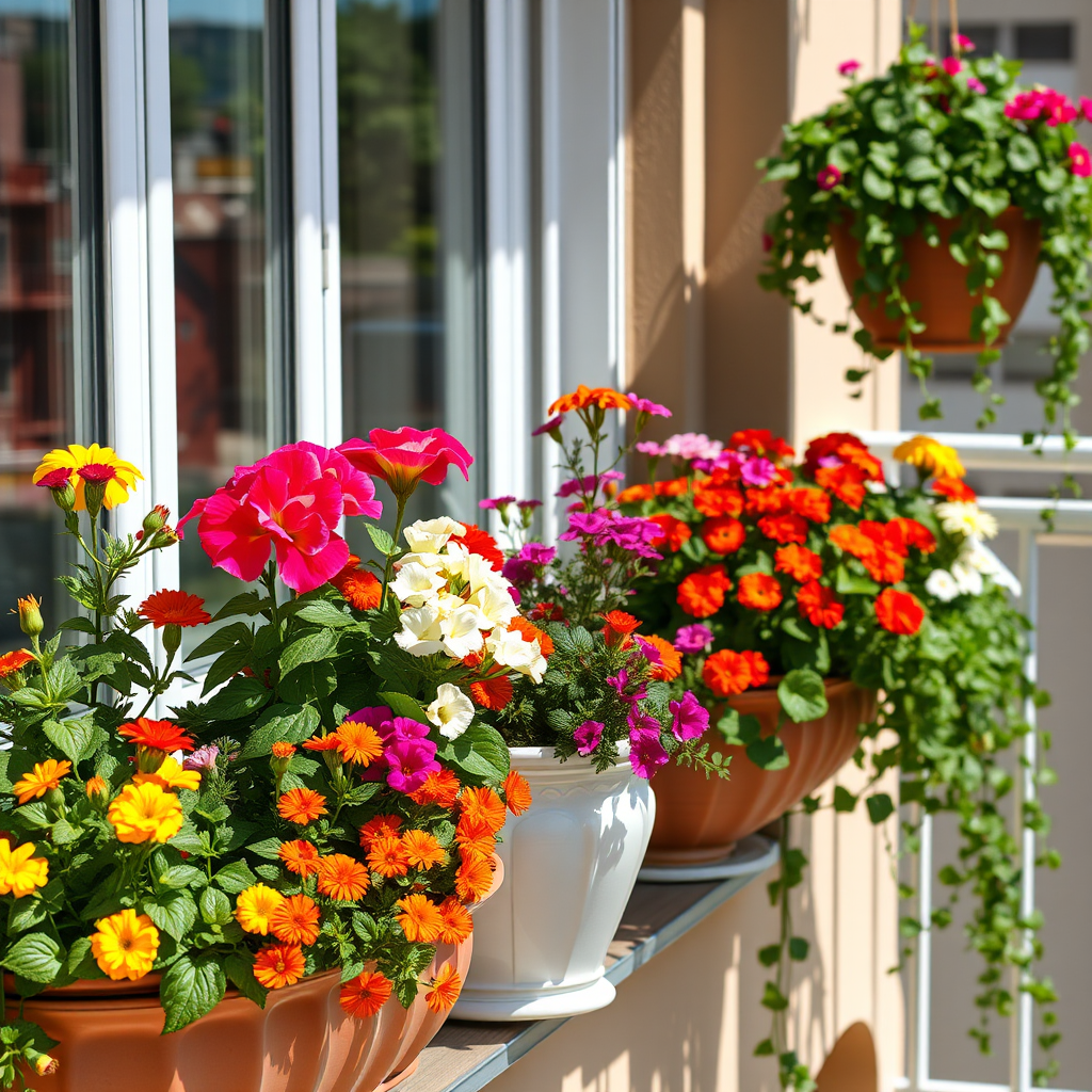 Beautiful colorful balcony garden with various seasonal flowers in decorative containers, featuring petunias, marigolds, and trailing ivy cascading from hanging baskets against a sunny urban backdrop