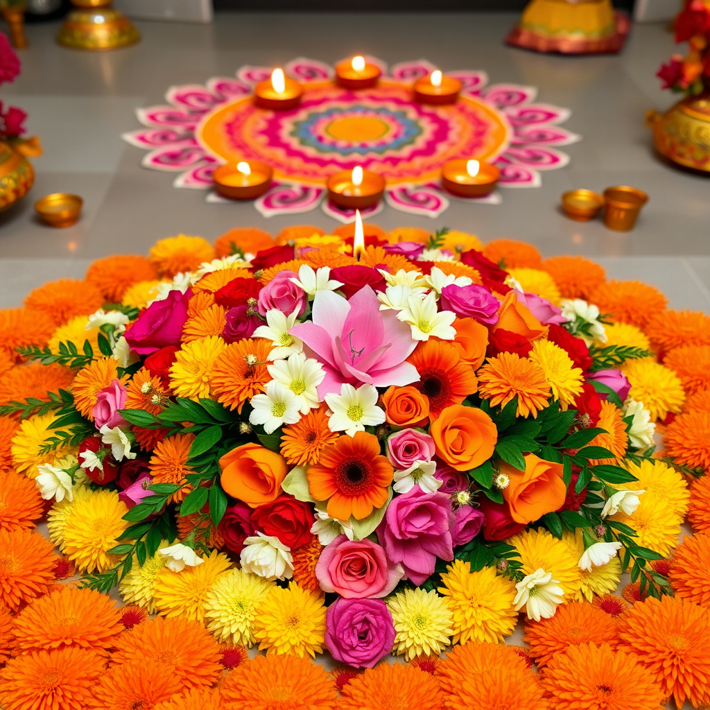 Beautiful traditional Indian flower arrangement featuring marigolds, roses, and jasmine flowers arranged in intricate patterns for Diwali celebration with diyas and rangoli in the background