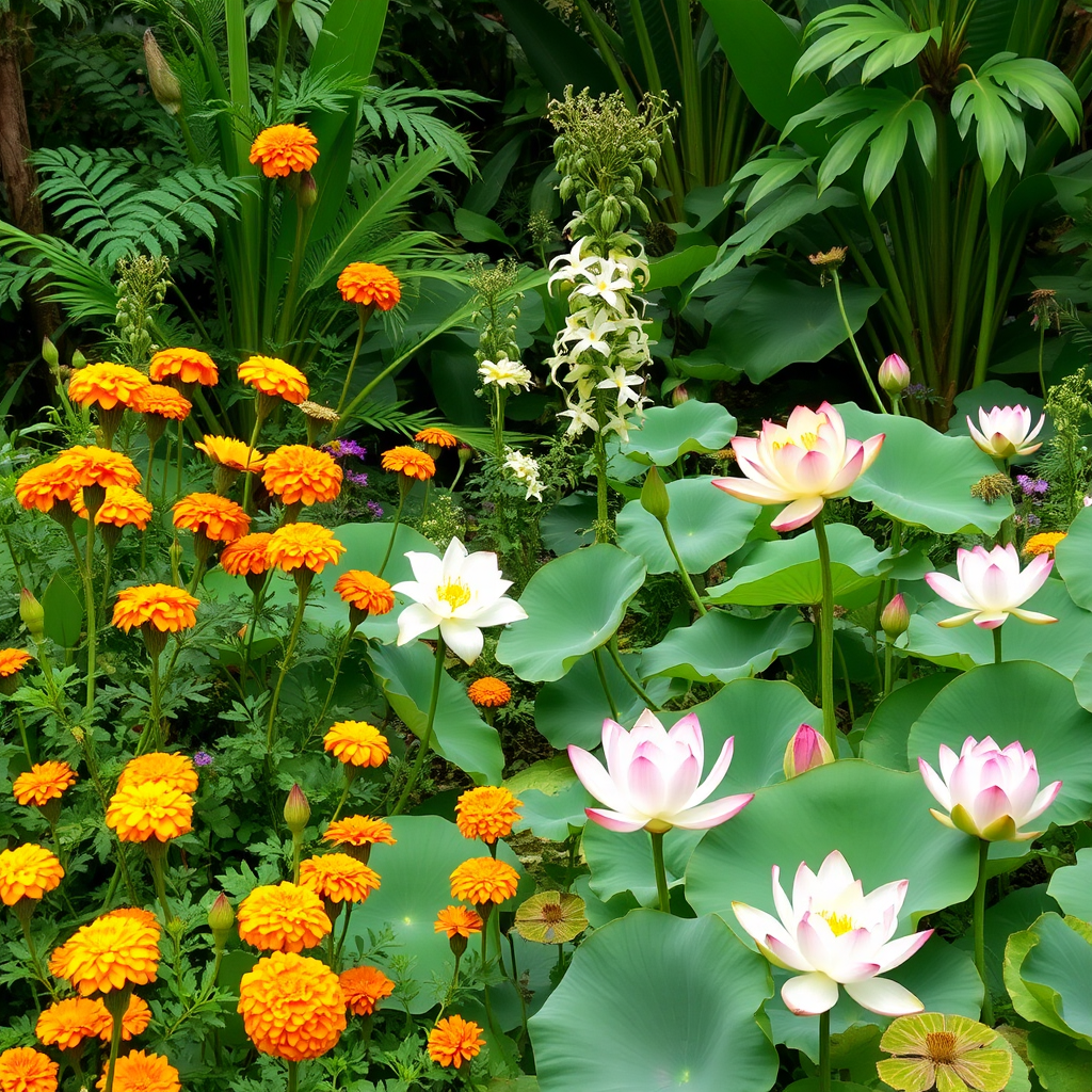 Traditional Indian botanical garden featuring marigolds, jasmine, and lotus flowers with lush tropical vegetation