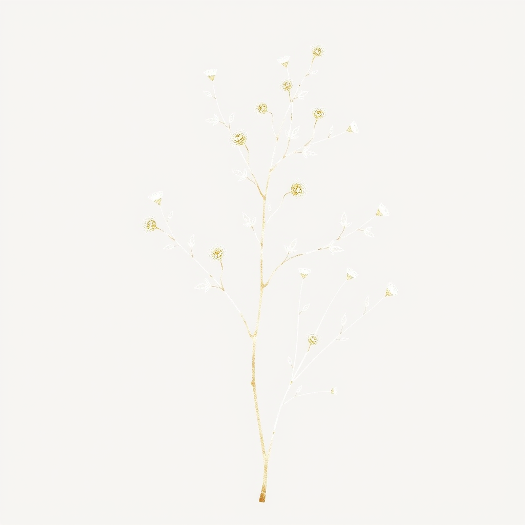 Decorative botanical illustration featuring delicate leaves and stems in watercolor style
