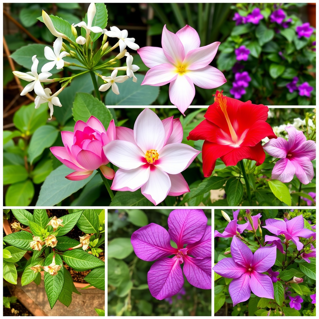 Beautiful collage of native Indian flowers including white jasmine, pink lotus, red hibiscus, and purple bougainvillea arranged in a traditional garden setting