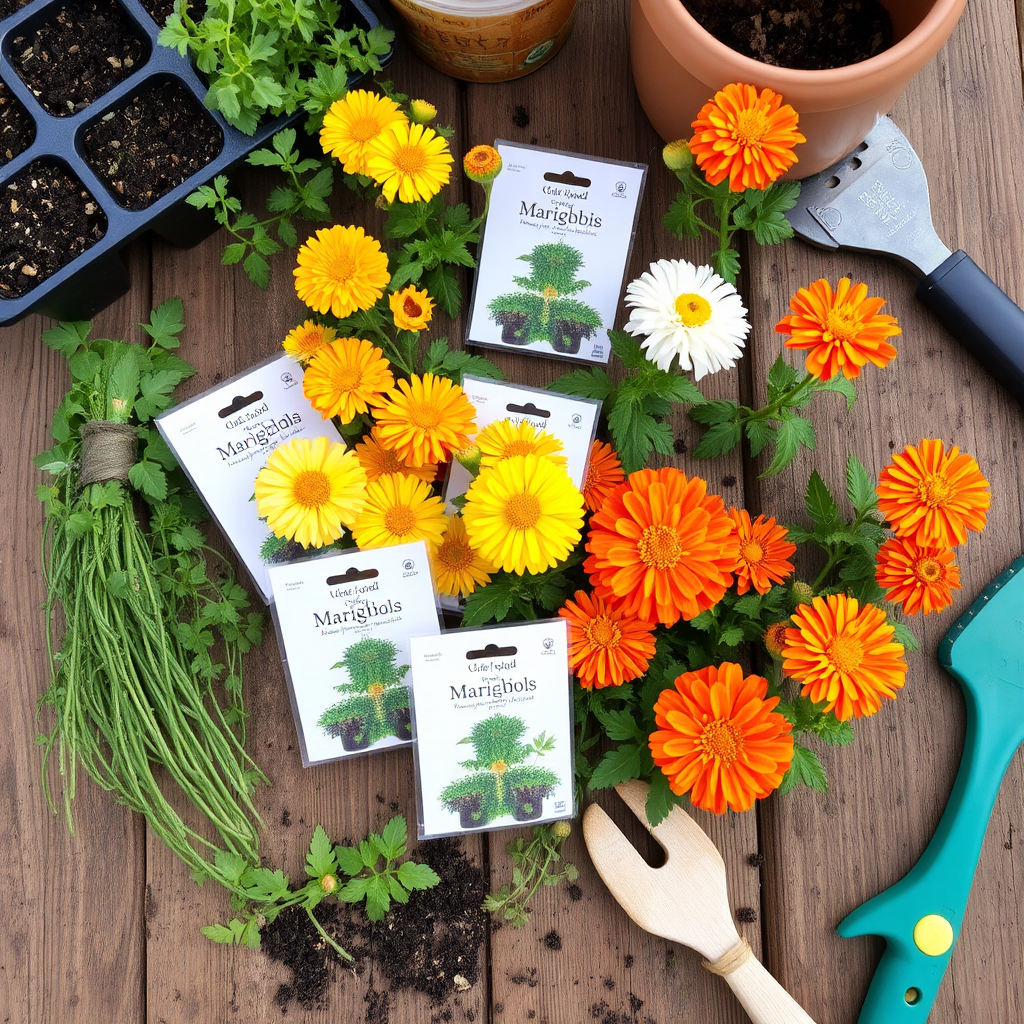 Different varieties of marigold seeds and seedlings arranged on a wooden table with gardening tools and soil