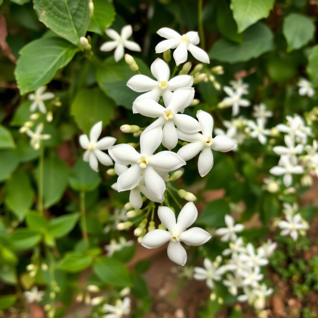 Delicate white jasmine flowers with star-shaped petals blooming on green vines in an Indian garden, showing the characteristic sweet-scented blossoms