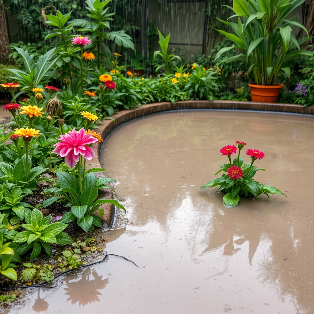 Waterlogged flower bed demonstrating poor drainage issues during heavy monsoon rainfall in an Indian garden