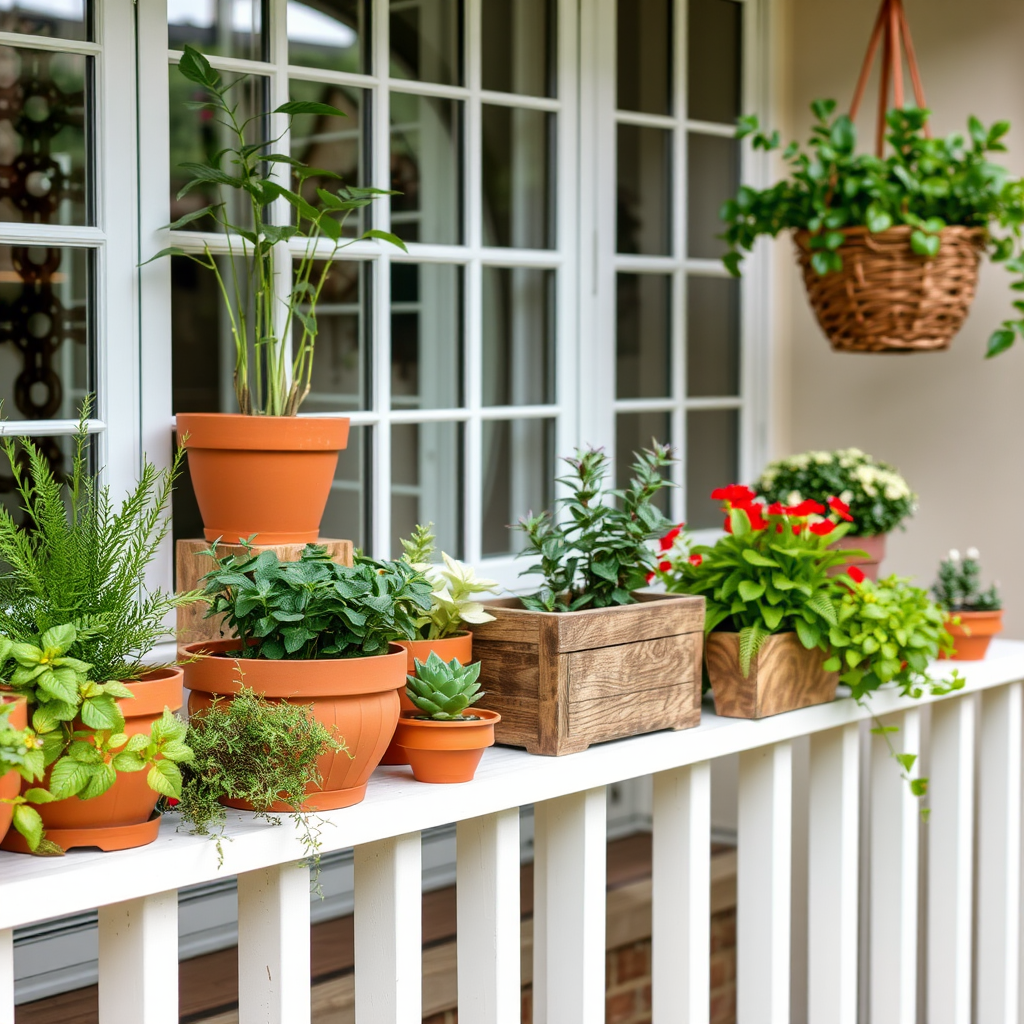 Various decorative plant containers including terracotta pots, wooden planters, and hanging baskets arranged on a balcony railing