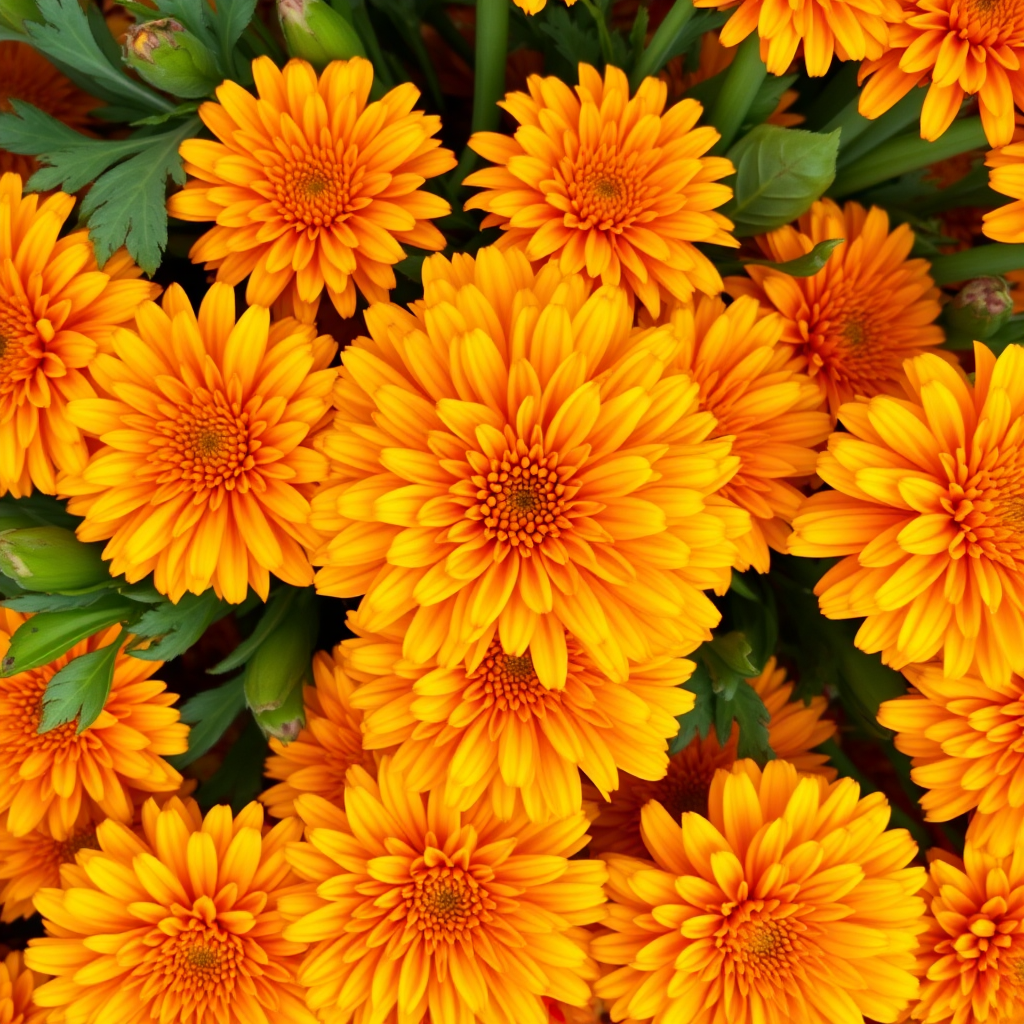 Close-up of fresh marigold flowers in vibrant orange and yellow colors arranged in traditional Indian style with green leaves