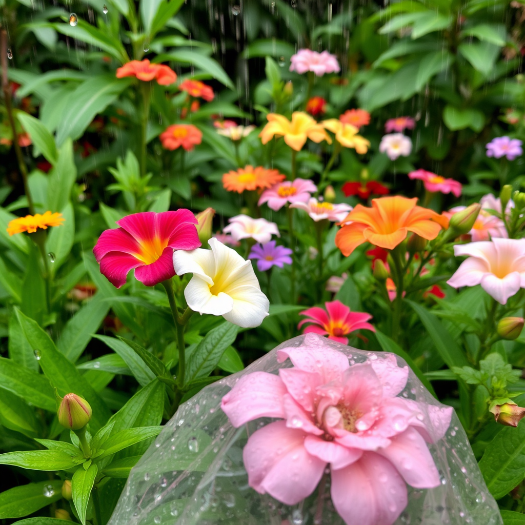 Lush garden during monsoon season with raindrops on colorful flower petals, proper drainage systems, and protective covers over delicate blooms