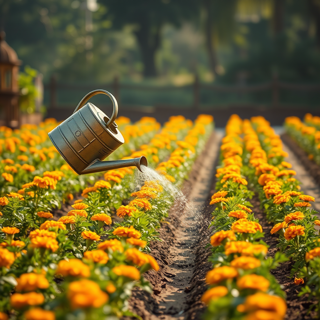 Traditional Indian watering can irrigating rows of young marigold plants in early morning sunlight