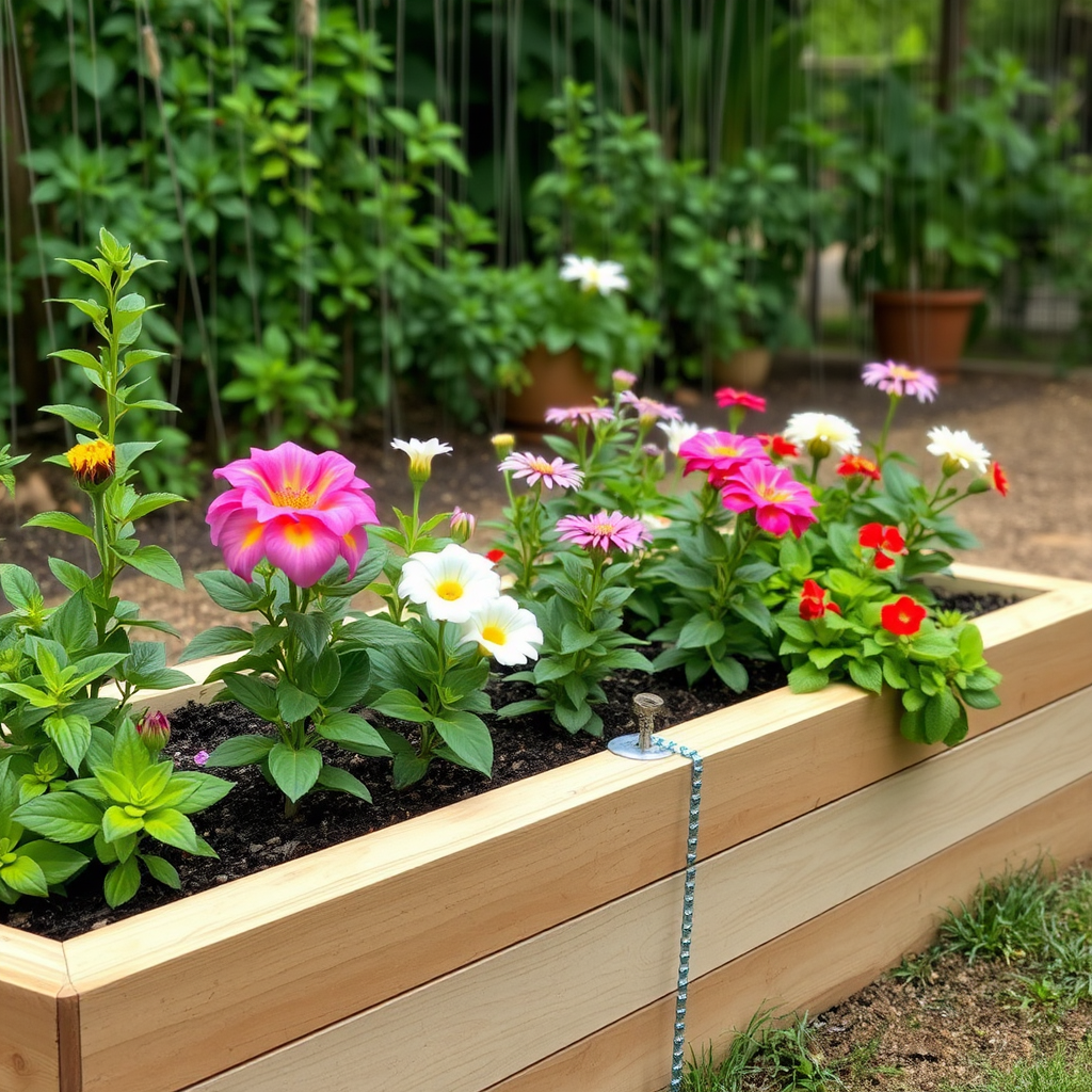 Well-designed raised flower bed showing proper drainage system with healthy flowering plants thriving during monsoon season