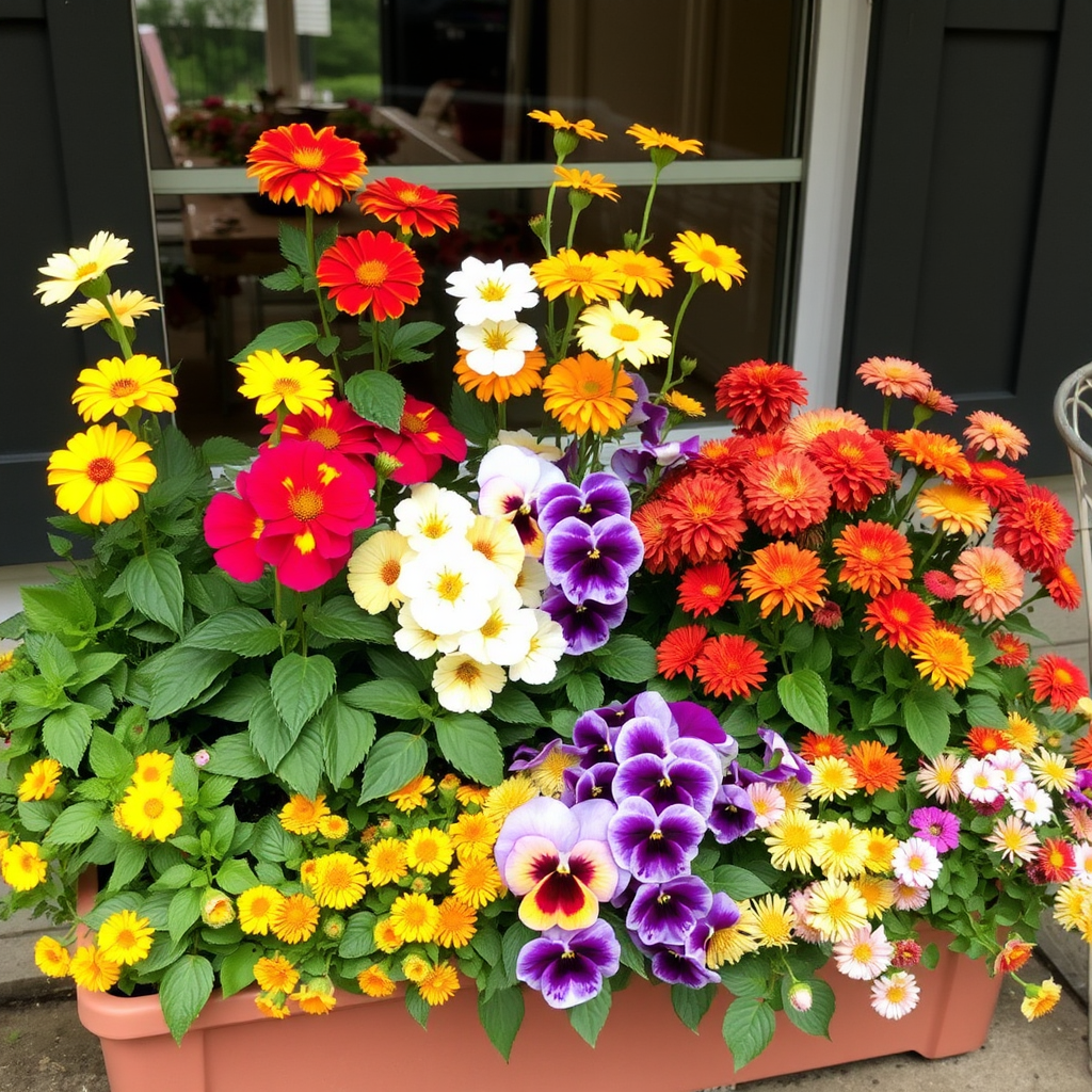 Seasonal flower arrangement showing spring petunias and marigolds transitioning to autumn pansies and chrysanthemums in a balcony garden setting