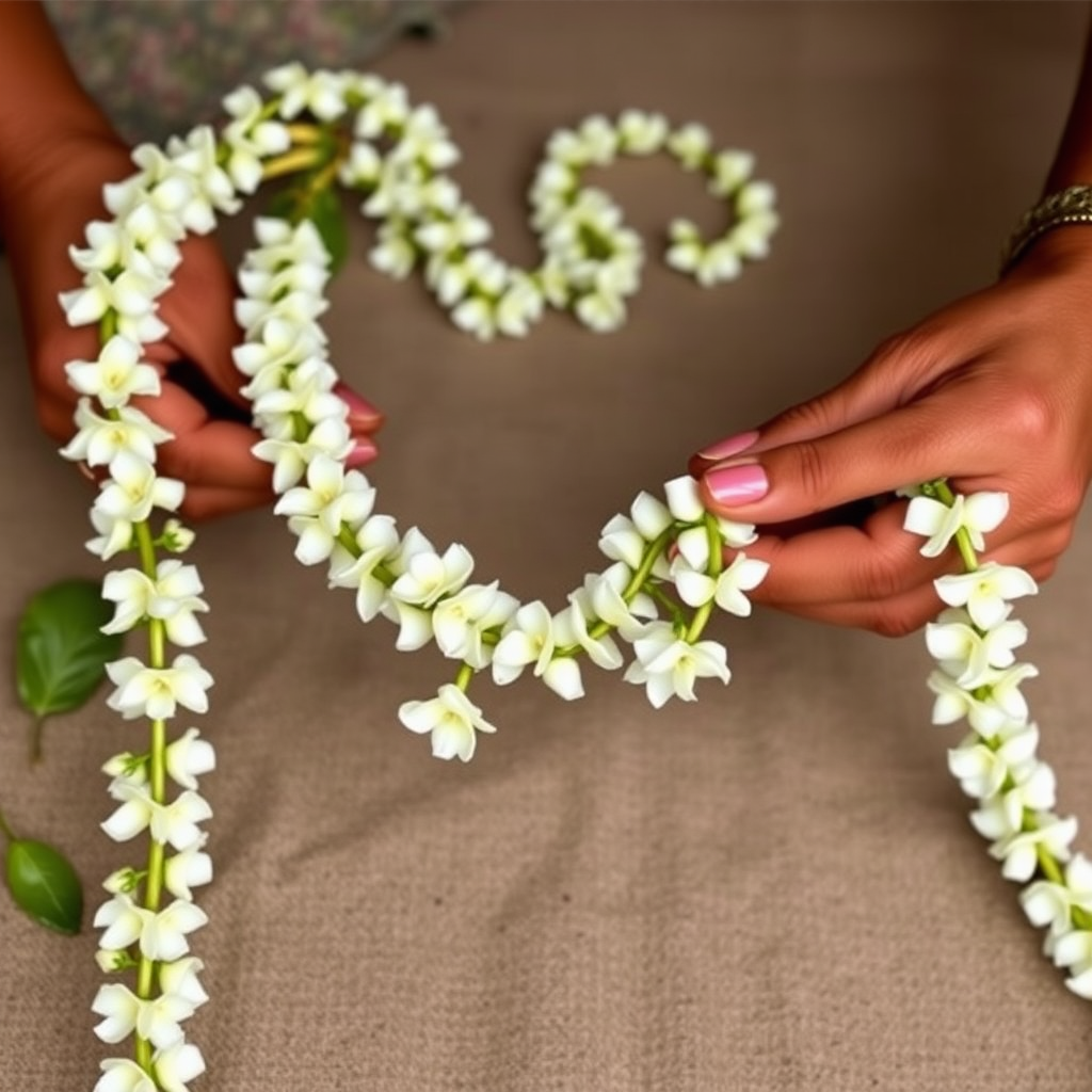 Elegant jasmine flower garland being strung together by skilled hands using traditional Indian techniques