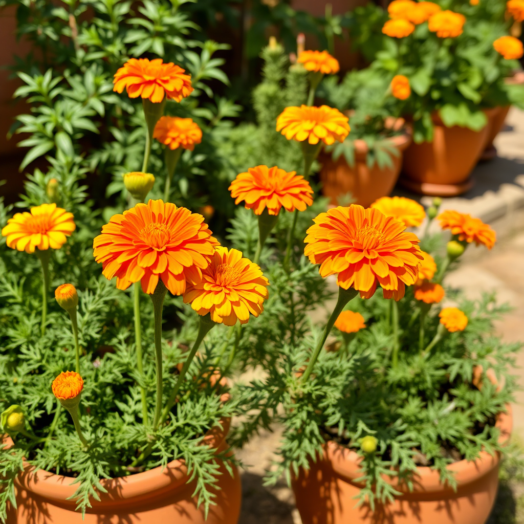 Vibrant orange and yellow marigold flowers blooming in a traditional Indian garden with terracotta pots and lush green foliage under warm sunlight