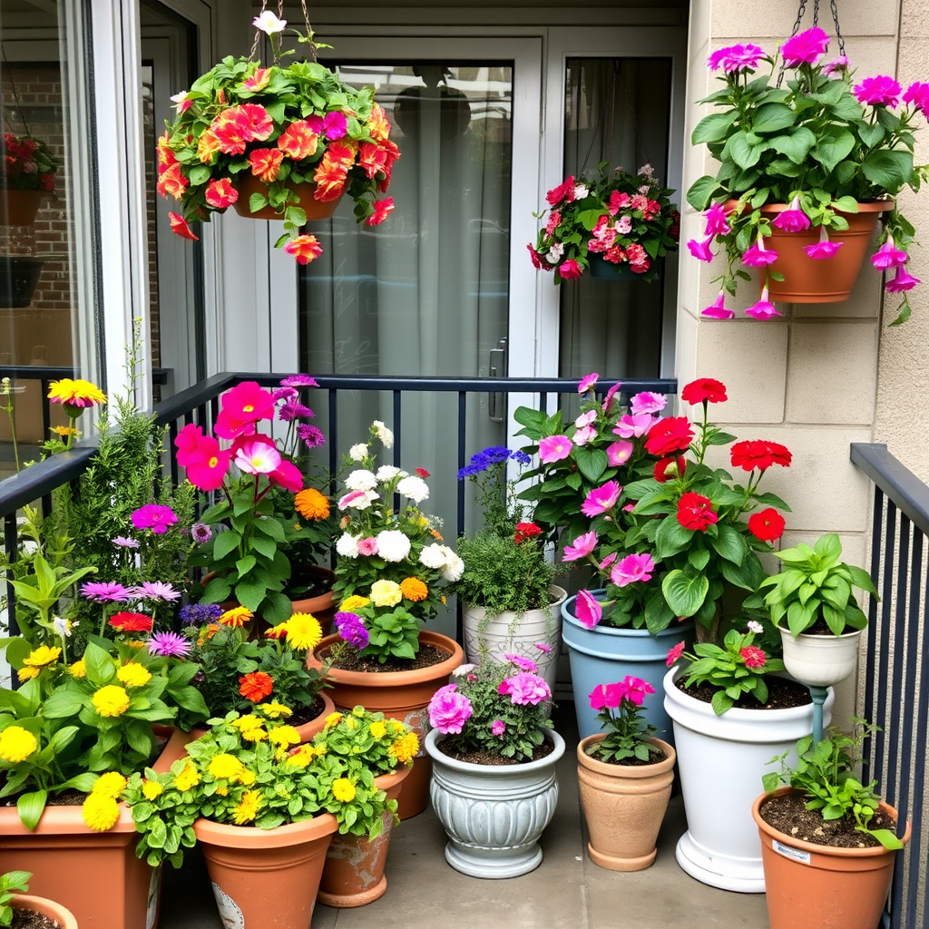 Colorful urban balcony garden with various flowering plants in decorative containers, hanging baskets, and vertical planters creating a vibrant small space oasis