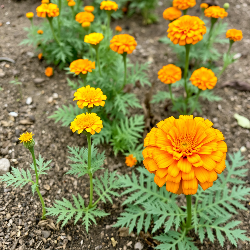 Seasonal progression of marigold garden showing different growth stages from seedling to full bloom across Indian seasons