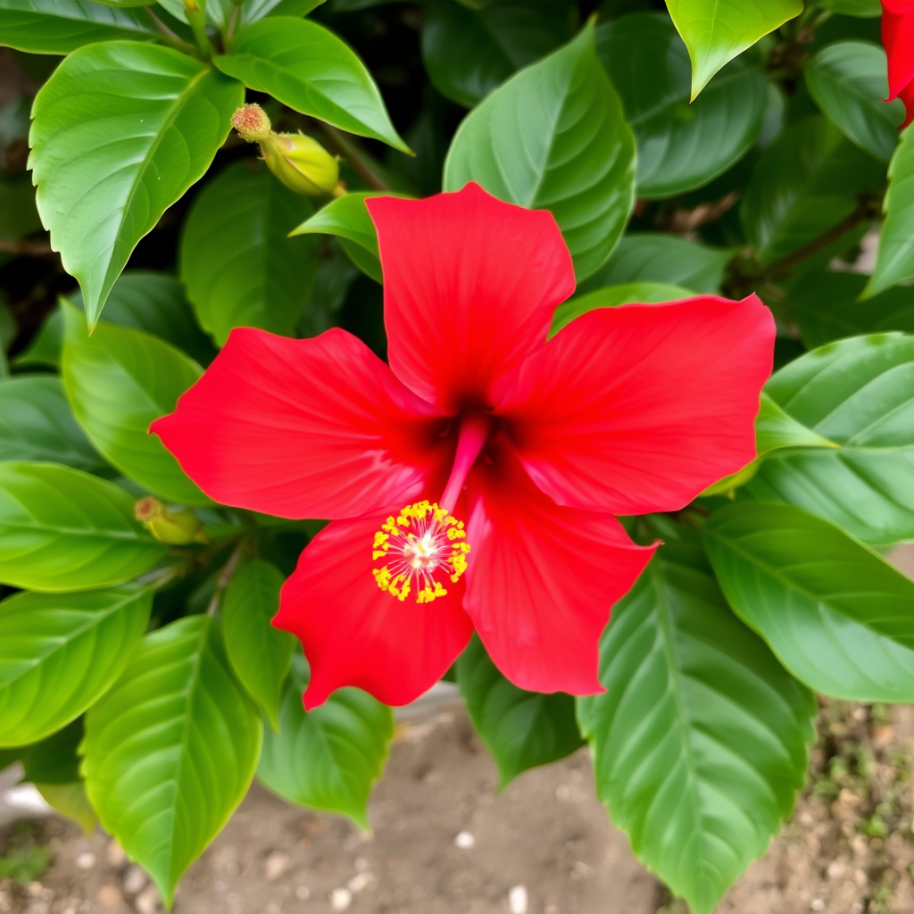 Vibrant red hibiscus flower with prominent yellow stamen and glossy green leaves, displaying the characteristic trumpet-shaped bloom of this tropical Indian native