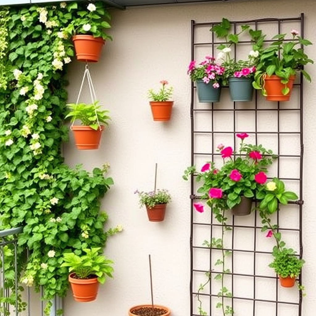 Vertical balcony garden setup with multiple tiers of hanging baskets, wall-mounted planters, and a trellis system supporting climbing flowers creating a lush green wall