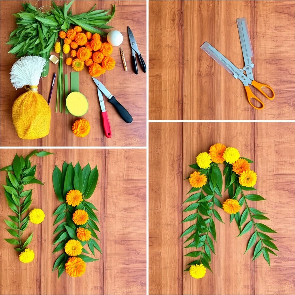 Step-by-step process of creating traditional Indian door garland with marigolds and mango leaves laid out on wooden surface with tools