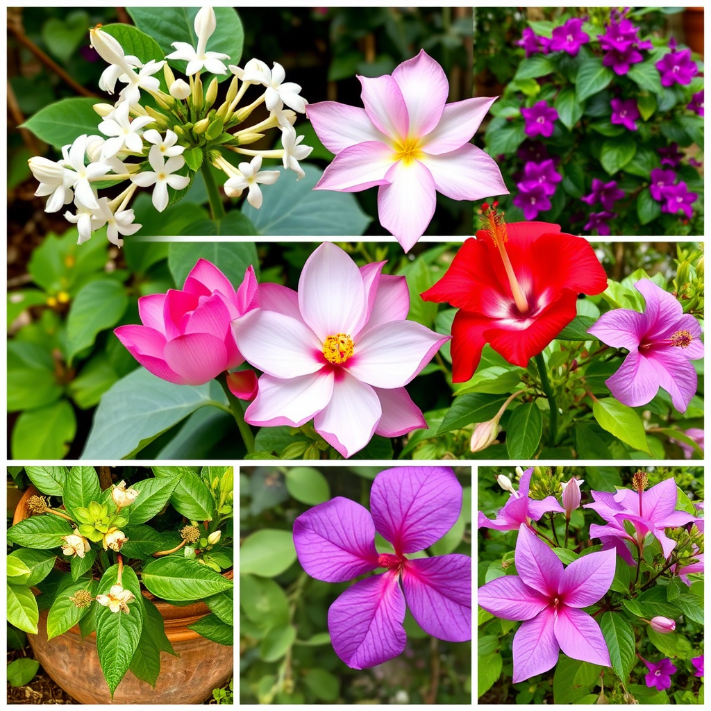 Beautiful collage of native Indian flowers including white jasmine, pink lotus, red hibiscus, and purple bougainvillea arranged in a traditional Indian garden setting