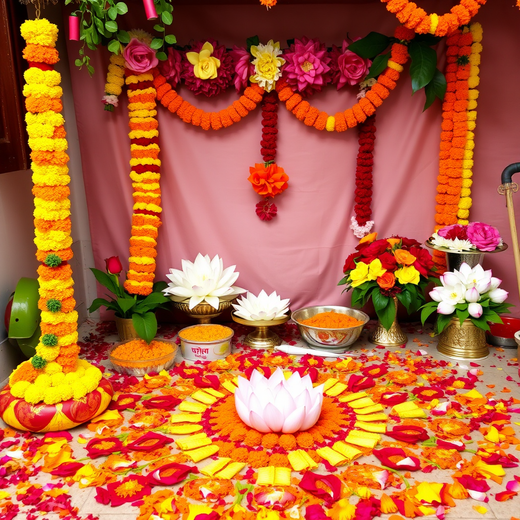 Traditional Indian festival decoration with marigold garlands, rose petals, lotus arrangements, and colorful rangoli patterns made with flower petals