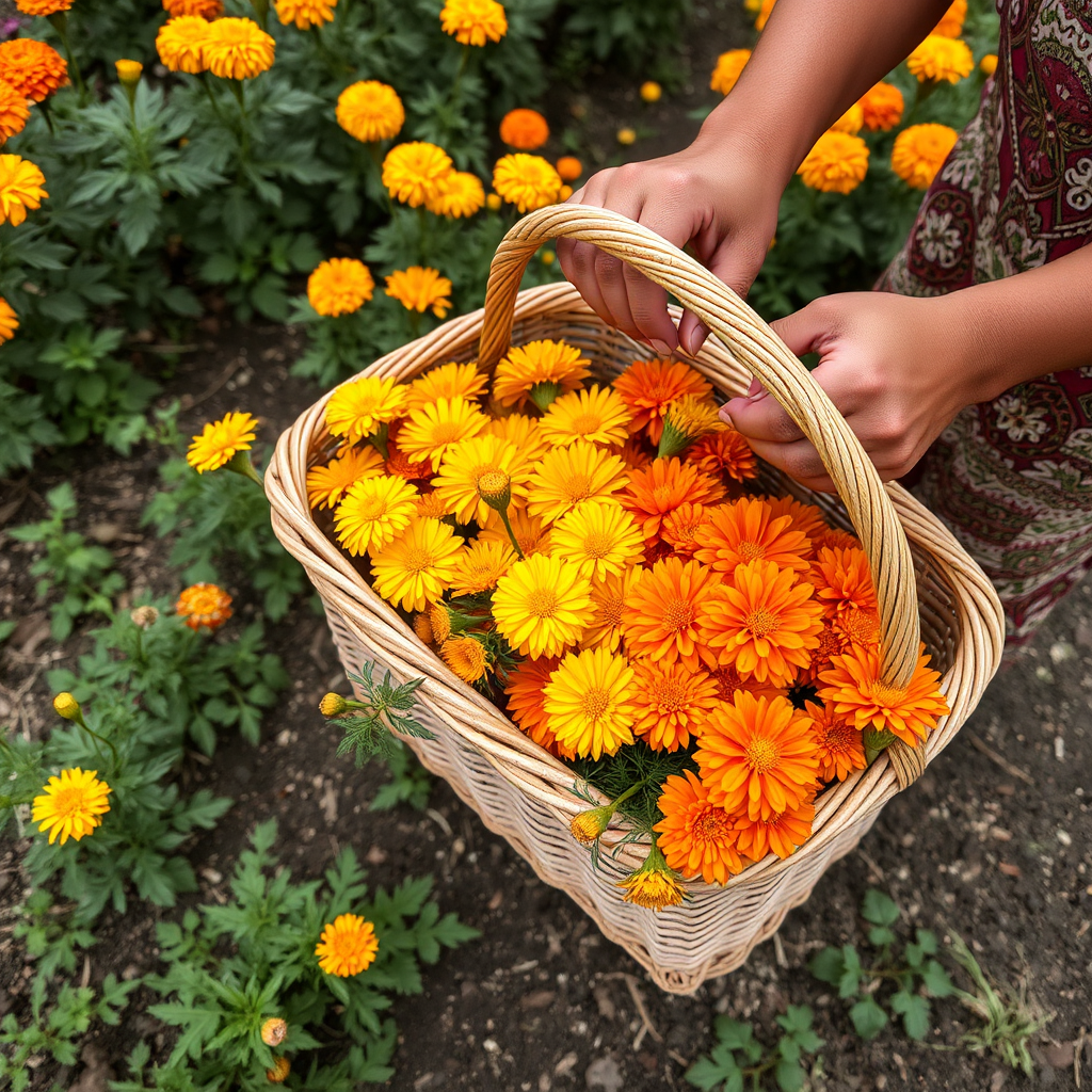 Hands harvesting fresh marigold flowers in a traditional Indian garden with wicker basket filled with colorful blooms