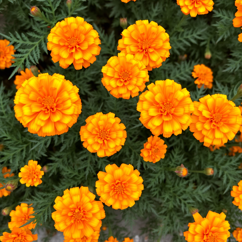 Bright orange and yellow marigold flowers in full bloom with ruffled petals and dark green foliage, showing the popular Indian festival flower variety
