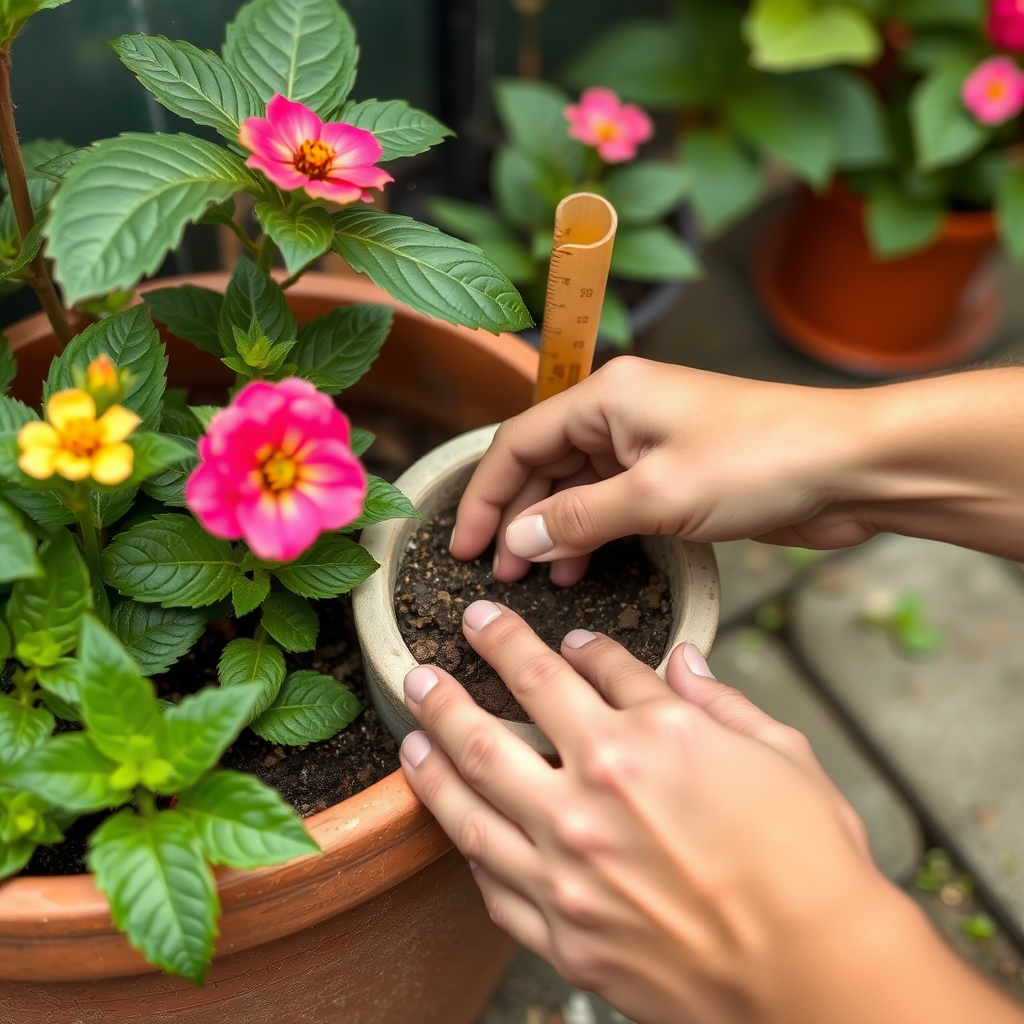 Gardener's hand checking soil moisture level in a flowering plant container during monsoon season to determine watering needs