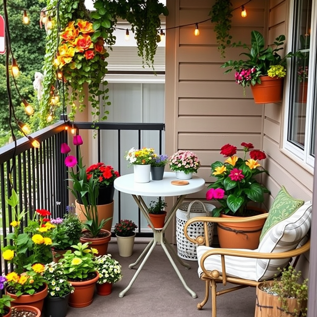 Cozy balcony garden corner with a small bistro table surrounded by colorful container flowers, string lights, and a comfortable reading chair creating an intimate outdoor retreat
