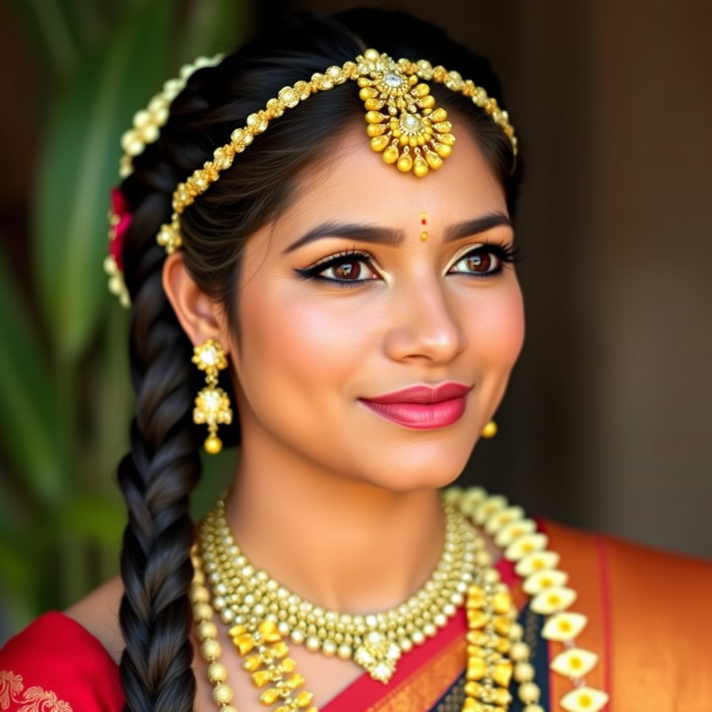 Traditional Indian bride wearing elaborate jasmine flower jewelry in her hair with intricate braided patterns