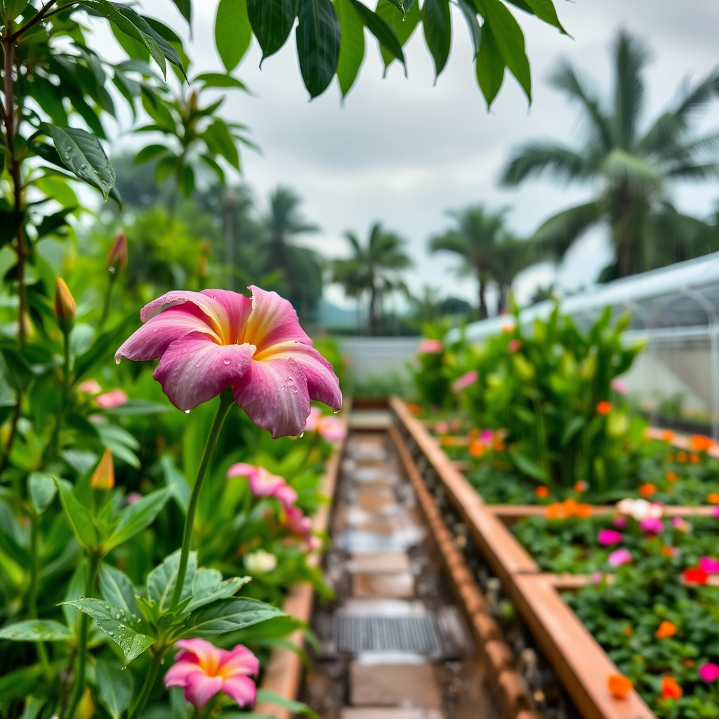Lush garden during Indian monsoon season with raindrops on flower petals, proper drainage systems, and protected flower beds under cloudy skies