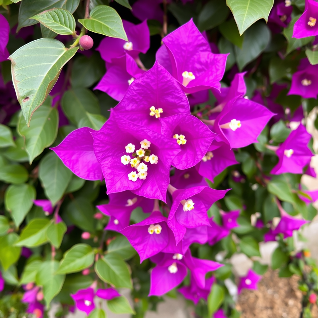 Brilliant purple bougainvillea bracts covering a climbing vine with small white flowers in the center, demonstrating the colorful papery bracts characteristic of this Indian garden favorite