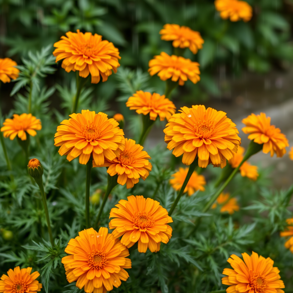 Bright orange and yellow marigold flowers in full bloom, thriving in monsoon conditions with raindrops on petals