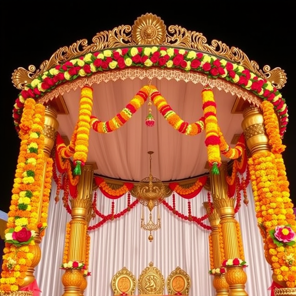 Ornate wedding mandap decorated with hanging marigold and rose garlands in traditional Indian style