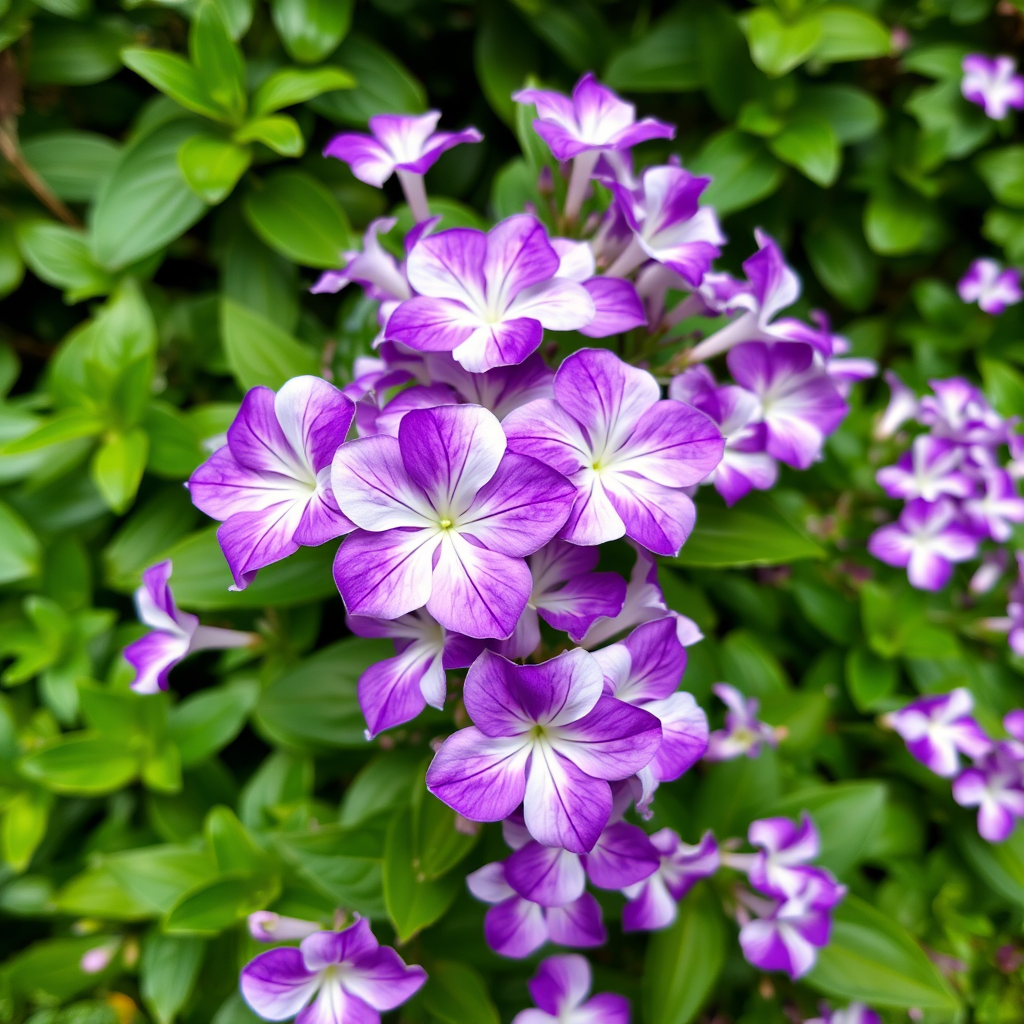 Beautiful purple and white vinca flowers blooming profusely in a monsoon garden setting with lush green foliage