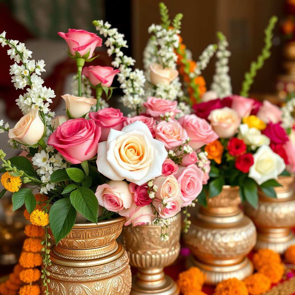 Detailed view of traditional Indian wedding flower arrangements with roses, jasmine, and marigolds in ceremonial vessels