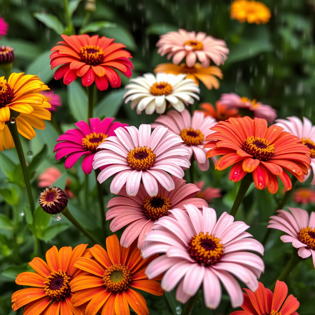 Colorful zinnia flowers in various shades blooming beautifully during the rainy season with water droplets enhancing their beauty