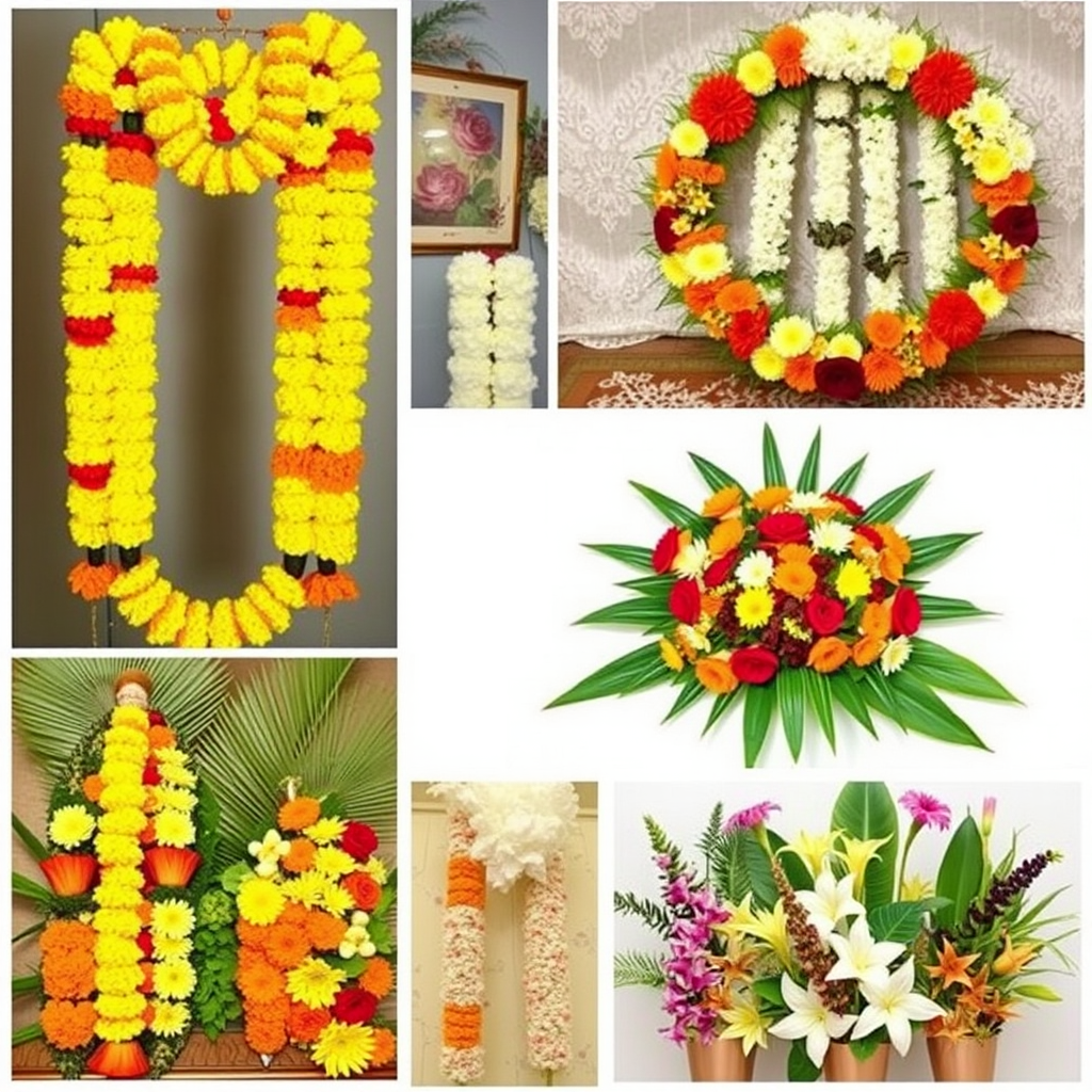 Collage showing different regional Indian flower arrangement styles including North Indian marigold garlands, South Indian jasmine patterns, and coastal tropical flower displays